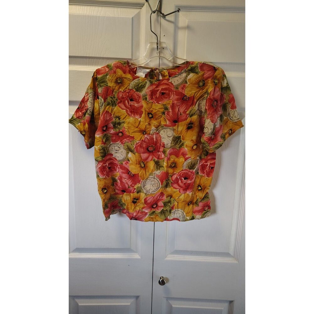 Vintage TESS 100% Silk Floral Pocket Watch Print Blouse Large Short Sleeve Top